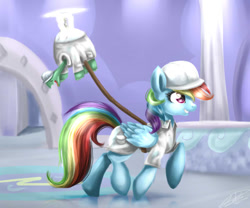 Size: 600x500 | Tagged: safe, artist:yummiestseven65, imported from derpibooru, rainbow dash, tank, pegasus, pony, tanks for the memories, clothes, day, duo, female, hard hat, lab coat, leash, mare, scene interpretation, weather factory, weather factory uniform, winter lab