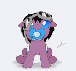 Size: 571x538 | Tagged: safe, artist:ravenpuff, imported from derpibooru, oc, oc only, oc:puffy, baby, cute, diaper, foal, goggles, looking up, pacifier, solo