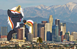 Size: 2401x1513 | Tagged: safe, artist:auskeldeo, imported from derpibooru, oc, oc only, oc:velvet remedy, pony, unicorn, fallout equestria, city, eyes closed, fanfic, fanfic art, female, giant pony, glowing horn, highrise ponies, horn, irl, los angeles, macro, magic, mare, microphone, mountain, open mouth, photo, ponies in real life, singing, solo, telekinesis