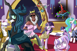 Size: 3000x2000 | Tagged: safe, artist:php25, deleted from derpibooru, imported from derpibooru, diamond tiara, gilda, king sombra, lord tirek, princess celestia, queen chrysalis, starlight glimmer, twilight sparkle, alicorn, griffon, parasprite, pony, make new friends but keep discord, the cutie map, context is for the weak, crossdressing, female, mare, steven universe, trollestia, twilight sparkle (alicorn), white and gold or black and blue dress meme