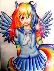 Size: 1440x1873 | Tagged: safe, artist:hiro-uzumaki, imported from derpibooru, rainbow dash, human, cute, eared humanization, humanized, tailed humanization, traditional art, winged humanization