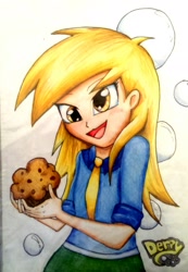 Size: 1440x2083 | Tagged: safe, artist:hiro-uzumaki, imported from derpibooru, derpy hooves, equestria girls, female, muffin, solo, traditional art