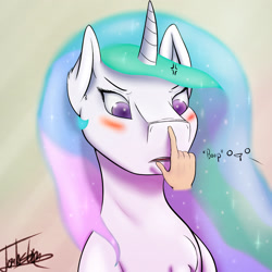 Size: 2362x2362 | Tagged: safe, artist:elzzombie, imported from derpibooru, princess celestia, human, angry, blushing, boop, cross-popping veins, female, fluffy, frown, glare, hand, solo
