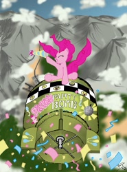 Size: 1241x1677 | Tagged: safe, artist:igotastewgoing, imported from derpibooru, pinkie pie, earth pony, pony, bomb, dr. strangelove, female, hat, parody, party hat, riding a bomb, solo