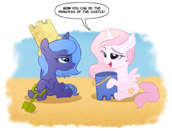 Size: 1451x1109 | Tagged: safe, artist:sketchyjackie, imported from derpibooru, princess celestia, princess luna, beach, bucket, cewestia, dialogue, duo, female, filly, filly celestia, filly luna, frown, hoof hold, nose wrinkle, open mouth, raised eyebrow, royal sisters, sand, sand castle, sandcastle, sassy, shovel, siblings, simple background, sisters, sitting, smiling, smirk, transparent background, unamused, underhoof, woona, younger