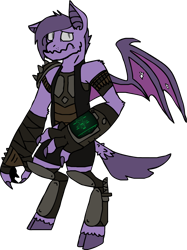 Size: 1686x2251 | Tagged: safe, artist:ravenquill, imported from derpibooru, oc, oc only, oc:raven quill, bat pony, diamond dog, hybrid, pony, cloven hooves, fallout, fusion, mutant, pipboy, pipbuck, solo, unshorn fetlocks, wings