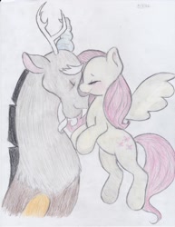 Size: 2550x3300 | Tagged: safe, artist:lacedra, imported from derpibooru, discord, fluttershy, draconequus, pegasus, pony, discoshy, duo, female, friendship, male, mare, shipping, straight, traditional art