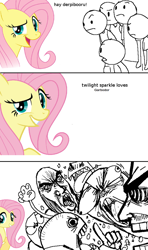 Size: 607x1024 | Tagged: safe, imported from derpibooru, fluttershy, twilight sparkle, garbodor, always works, dreamworks face, fluttertroll, heresy, meme, meta, pokémon, pokémon black and white, rage comic