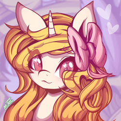 Size: 1000x1000 | Tagged: dead source, safe, artist:mimtii, imported from derpibooru, oc, oc only, oc:sweet style, pony, unicorn, bow, bust, hair bow, heart eyes, solo, wingding eyes