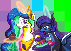 Size: 791x571 | Tagged: safe, artist:alia-star, imported from derpibooru, princess celestia, princess luna, cake, cakelestia, magic, napkin, telekinesis