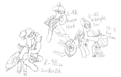 Size: 2055x1313 | Tagged: safe, artist:fameng, imported from derpibooru, original species, plane pony, pony, monochrome, plane, r-9a arrowhead, r-9bbk striderbk, r-9e midnight eye, r-type, r-type tactics, tp-2 pow armor