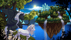 Size: 1920x1081 | Tagged: safe, artist:kittehkatbar, imported from derpibooru, oc, oc only, classical unicorn, pegasus, pony, crystal, floating island, leonine tail, waterfall