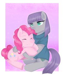 Size: 1629x1873 | Tagged: safe, artist:yanyao, imported from derpibooru, maud pie, pinkie pie, hug, pixiv, sisters