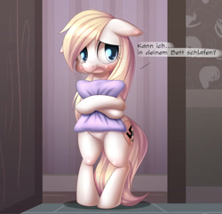 Size: 1744x1683 | Tagged: safe, artist:aryanne, imported from derpibooru, oc, oc only, oc:aryanne, cat, earth pony, pony, aryanbetes, bedroom, bipedal, blushing, bronybait, cute, fear, female, floppy ears, german, heart, hips, nazi, nightmare, pillow, solo, swastika, translated in the comments