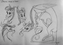 Size: 1280x917 | Tagged: safe, artist:probablyfakeblonde, imported from derpibooru, discord, male, monochrome, solo, traditional art