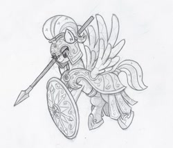 Size: 800x680 | Tagged: safe, artist:sensko, imported from derpibooru, crystal pony, pony, armor, army, black and white, crystal empire, crystal pegasus, grayscale, monochrome, pencil drawing, shield, solo, spear, traditional art, weapon