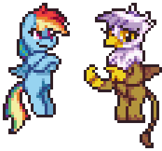 Size: 232x216 | Tagged: safe, artist:mrponiator, imported from derpibooru, gilda, rainbow dash, griffon, pegasus, pony, the lost treasure of griffonstone, animated, crossed hooves, cute, female, filly, flying, gildadorable, hoofbump, mare, pixel art, season 5 pixel art, shy, simple background, smiling, transparent background, younger