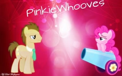 Size: 2000x1250 | Tagged: safe, artist:abydos91, artist:pangbot, artist:xxstrawberry-rosexx, imported from derpibooru, doctor whooves, pinkie pie, time turner, pony, bedroom eyes, crack shipping, doctorpie, lens flare, male, party cannon, shipping, stallion, vector, wallpaper