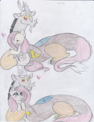 Size: 2550x3300 | Tagged: safe, artist:lacedra, imported from derpibooru, discord, fluttershy, discoshy, female, male, shipping, straight, traditional art