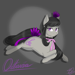 Size: 1024x1024 | Tagged: safe, artist:renniksarts, imported from derpibooru, octavia melody, earth pony, pony, choker, collar, female, looking at you, lying, mare, prone, ribbon, solo