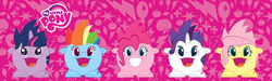 Size: 600x180 | Tagged: safe, imported from derpibooru, fluttershy, pinkie pie, rainbow dash, rarity, twilight sparkle, alicorn, pony, :d, candy dispenser, female, mare, merchandise, radz, twilight sparkle (alicorn)