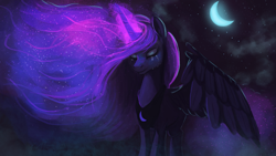 Size: 1920x1080 | Tagged: dead source, safe, artist:hierozaki, imported from derpibooru, princess luna, alicorn, pony, crescent moon, crying, female, glowing mane, magic, moon, night, pretty, sad, solo, spread wings, windswept mane, wings