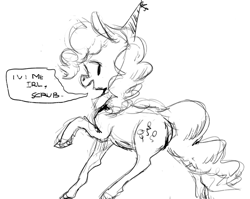 Size: 1005x800 | Tagged: dead source, safe, artist:berrydrops, imported from derpibooru, pinkie pie, earth pony, pony, female, grayscale, mare, monochrome, party hat, raised hoof, solo, u wot m8