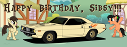 Size: 4024x1505 | Tagged: safe, artist:therockinstallion, imported from derpibooru, wild fire, oc, oc:rockette, car, happy birthday, plymouth, plymouth hemi cuda, sibsy