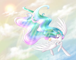 Size: 1200x950 | Tagged: safe, artist:cosmalumi, artist:its-gloomy, imported from derpibooru, princess celestia, alicorn, pony, cloud, eyes closed, female, flying, mare, missing accessory, sky, solo, spread wings, wings