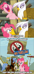 Size: 640x1376 | Tagged: safe, edit, edited screencap, imported from derpibooru, screencap, gilda, pinkie pie, oc, oc:anypony, griffon, pony, season 5, the lost treasure of griffonstone, comic, female, mare, phineas and ferb, screencap comic