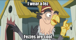 Size: 495x264 | Tagged: safe, edit, edited screencap, imported from derpibooru, screencap, grampa gruff, griffon, the lost treasure of griffonstone, blind eye, caption, doctor who, eye scar, fez, hat, image macro, male, scar, solo, text