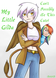 Size: 940x1310 | Tagged: safe, artist:dinobirdofdoom, imported from derpibooru, gilda, rainbow dash, human, the lost treasure of griffonstone, belly button, breasts, busty gilda, female, humanized, midriff, my little sister can't be this cute, nail polish, parody, tailed humanization, winged humanization