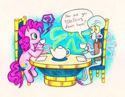 Size: 960x748 | Tagged: safe, artist:neko-setsuka, imported from derpibooru, pinkie pie, octopus, pony, crossover, duo, meme, pinkie being pinkie, pinkie physics, question mark, spongebob squarepants, squidward tentacles, tea, traditional art