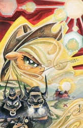 Size: 392x600 | Tagged: safe, artist:sararichard, idw, imported from derpibooru, applejack, king longhorn, bull, spoiler:comic25, badass, cover, hat, straw, sweet apple acres