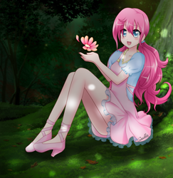 Size: 2571x2640 | Tagged: safe, artist:srtagiuu, imported from derpibooru, pinkie pie, human, blushing, clothes, cute, diapinkes, dress, eye clipping through hair, female, flower, forest, humanized, looking at you, sitting, solo, srtagiuu is trying to murder us