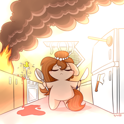 Size: 1536x1536 | Tagged: safe, alternate version, artist:dsp2003, imported from derpibooru, oc, oc only, oc:brownie bun, :<, axe, blushing, chibi, cute, eyes closed, fire, floppy ears, hoof hold, kitchen, knife, majestic as fuck, pan, plunger, property damage, refrigerator, rubber duck, smoke, solo, style emulation, this will end in tears and/or breakfast, water, xk-class end-of-the-kitchen scenario