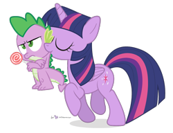 Size: 900x690 | Tagged: safe, artist:dm29, imported from derpibooru, spike, twilight sparkle, alicorn, pony, behaving like a cat, carrying, duo, female, lollipop, mama twilight, mare, mothers gonna mother, mouth hold, scruff, simple background, spike is not amused, transparent background, trotting, twilight sparkle (alicorn)