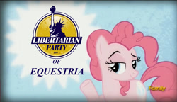 Size: 1488x856 | Tagged: safe, edit, edited screencap, imported from derpibooru, screencap, pinkie pie, earth pony, pony, the lost treasure of griffonstone, discovery family logo, female, libertarian, mare, meme, mouthpiece, op is a duck, op is trying to start shit, pinkie presenter, politics