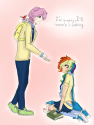 Size: 1200x1600 | Tagged: safe, artist:kikirdcz, imported from derpibooru, fluttershy, rainbow dash, human, butterdash, butterscotch, clothes, converse, dialogue, duo, female, half r63 shipping, humanized, male, rule 63, school uniform, shipping, simple background, skirt, straight, sweatershy