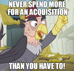 Size: 490x469 | Tagged: safe, imported from derpibooru, screencap, grampa gruff, griffon, the lost treasure of griffonstone, blind eye, caption, exploitable meme, eye scar, ferengi, image macro, male, meme, meta, rules of acquisition, scar, solo, star trek