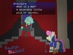 Size: 800x608 | Tagged: safe, artist:atlur, deleted from derpibooru, imported from derpibooru, bon bon, lyra heartstrings, sweetie drops, earth pony, pony, unicorn, bonafied, bonpun, castlevania, castlevania: symphony of the night, clothes, dracula, glare, morning star, mouth hold, plot, pun, richter belmont, sitting, throne, throne slouch, what is a man