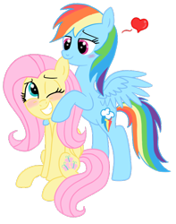 Size: 604x766 | Tagged: safe, artist:asya-friendly, imported from derpibooru, fluttershy, rainbow dash, blushing, ear bite, female, flutterdash, heart, lesbian, shipping, simple background, transparent background, vector, wink