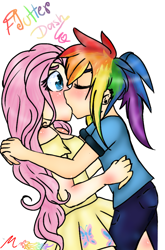 Size: 800x1212 | Tagged: safe, artist:ponyolove88, imported from derpibooru, fluttershy, rainbow dash, human, blushing, clothes, duo, female, flutterdash, humanized, kiss on the lips, kissing, lesbian, shipping, skirt