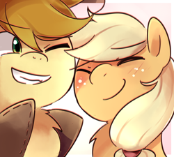 Size: 1000x900 | Tagged: safe, artist:sion-ara, imported from derpibooru, applejack, braeburn, braebetes, bust, chest fluff, cousins, cute, duo, eyes closed, grin, jackabetes, one eye closed, portrait, smiling