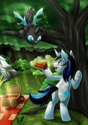 Size: 2000x2827 | Tagged: safe, artist:vavacung, imported from derpibooru, oc, oc only, changeling, pony, unicorn, cute, everfree forest, male, picnic, pie, smiling