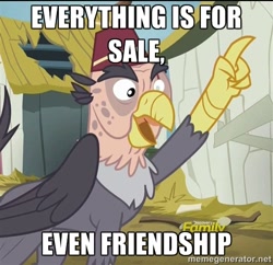 Size: 500x484 | Tagged: safe, edit, edited screencap, imported from derpibooru, screencap, grampa gruff, griffon, the lost treasure of griffonstone, discovery family logo, exploitable meme, ferengi, friendship, image macro, meme, meta, rules of acquisition, star trek