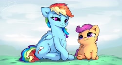 Size: 4266x2310 | Tagged: safe, artist:sverre93, imported from derpibooru, rainbow dash, scootaloo, pegasus, pony, :i, bedroom eyes, cute, cutealoo, female, filly, fluffy, grass, looking at each other, mare, sitting, smiling, sverre is trying to murder us, weapons-grade cute