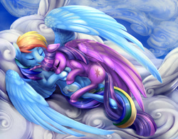 Size: 2000x1571 | Tagged: safe, artist:viwrastupr, imported from derpibooru, rainbow dash, twilight sparkle, alicorn, pony, cloud, cloudy, cuddling, female, intertwined tails, lesbian, mare, shipping, sleeping, snuggling, twidash, twilight sparkle (alicorn)