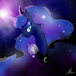 Size: 500x500 | Tagged: safe, artist:renokim, imported from derpibooru, princess luna, alicorn, pony, bust, female, glowing horn, horn, mare, profile, signature, smiling, solo