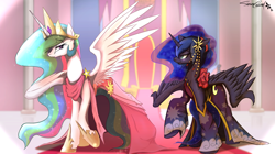 Size: 5150x2894 | Tagged: safe, artist:sakuracheetah, imported from derpibooru, princess celestia, princess luna, alicorn, pony, beautiful, bedroom eyes, clothes, dress, female, gala dress, mare